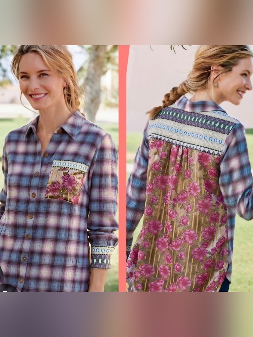 Soft Surroundings Plaid Mixed Print Embroidered Fall Classic Shirt